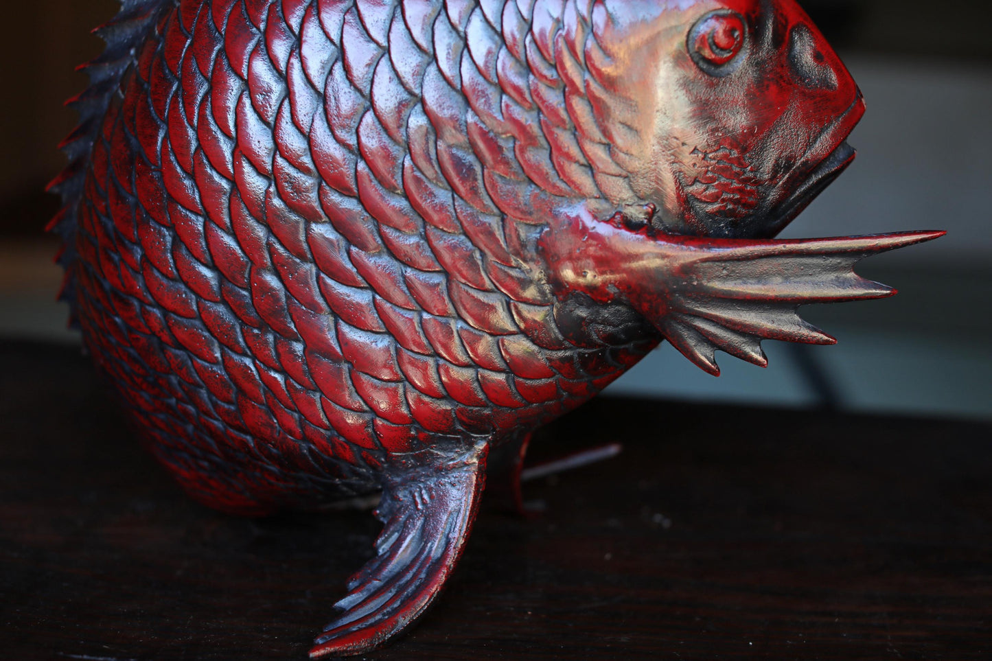 Large! Japanese vintage cast iron metal doll ornament TAI fish & god "Ebisu" with SENSU fish art H18.9in(H48cm)