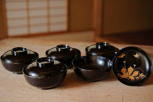 Japanese antique MAKIE fine lacquer bowls set of 5 with painting of sparrow and plants, Owan miso cups black gold tableware W4.9in/12.5cm