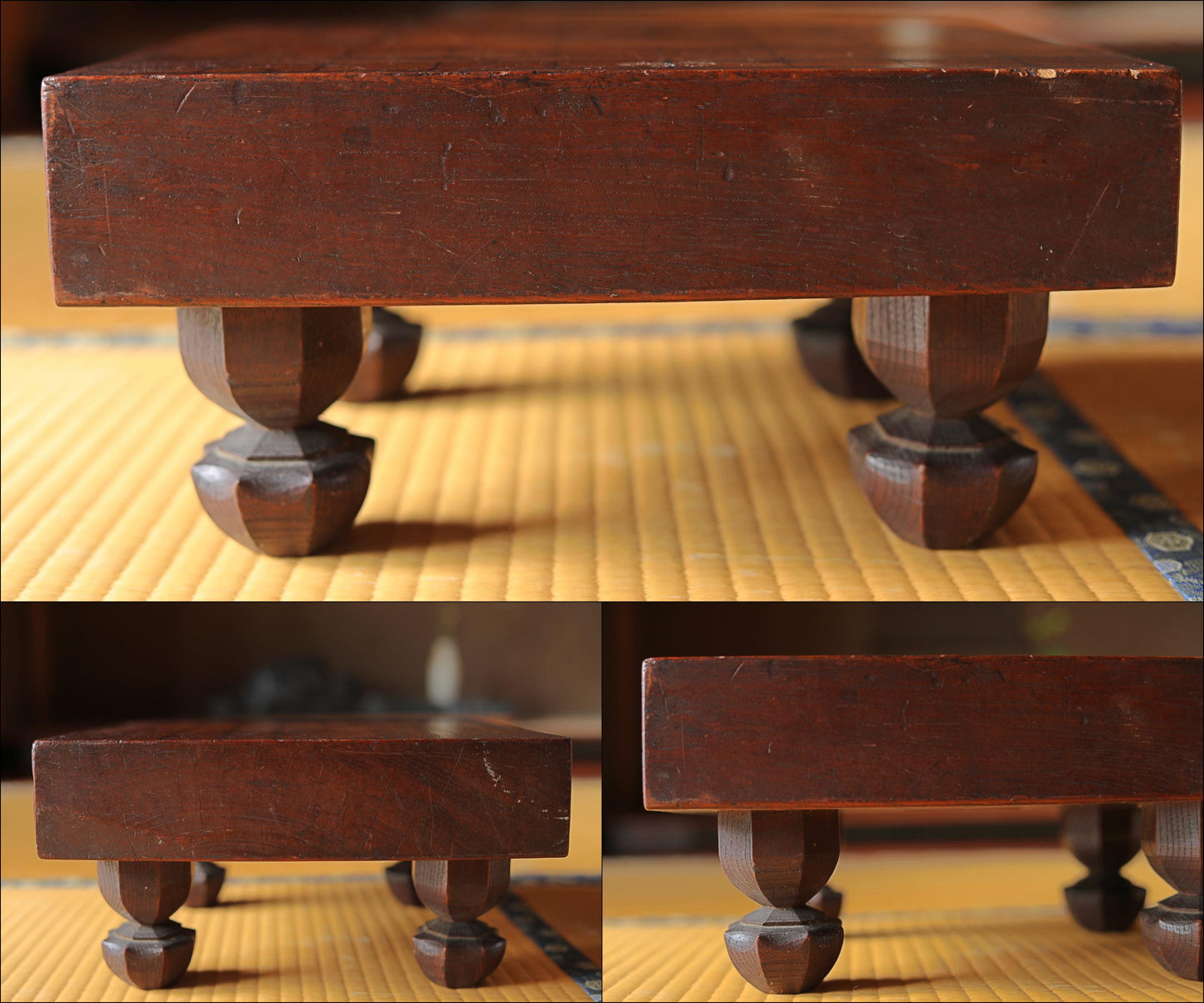 Japanese furniture antique full of set SHOGI board game playing table curved out of one wood with pieces and stand ready to play 1890s