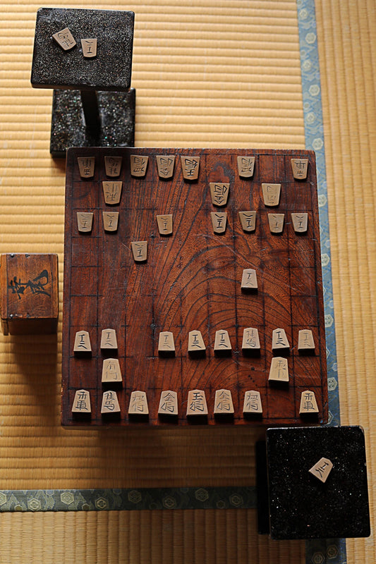 Japanese furniture antique full of set SHOGI board game playing table curved out of one wood with pieces and stand ready to play 1890s
