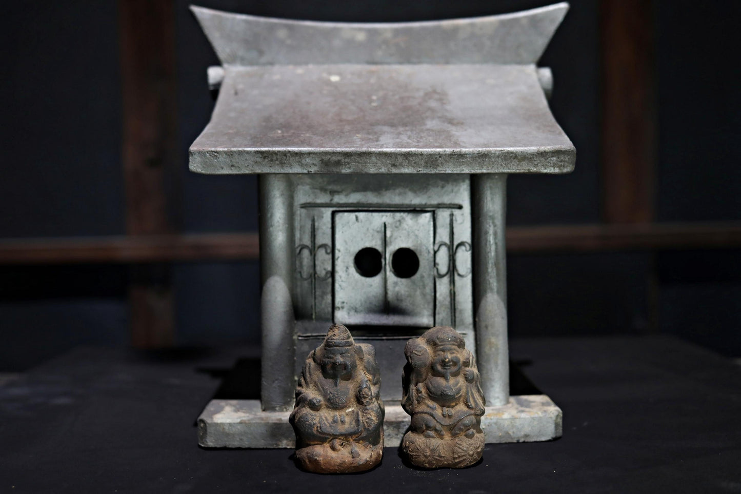 RARE! Japanese antique Zushi Cabinet with god EBISU DAIKOKU, kamidana Japanese Buddhist shinto shrine Kawara tile 1700s H12.2in/H31cm