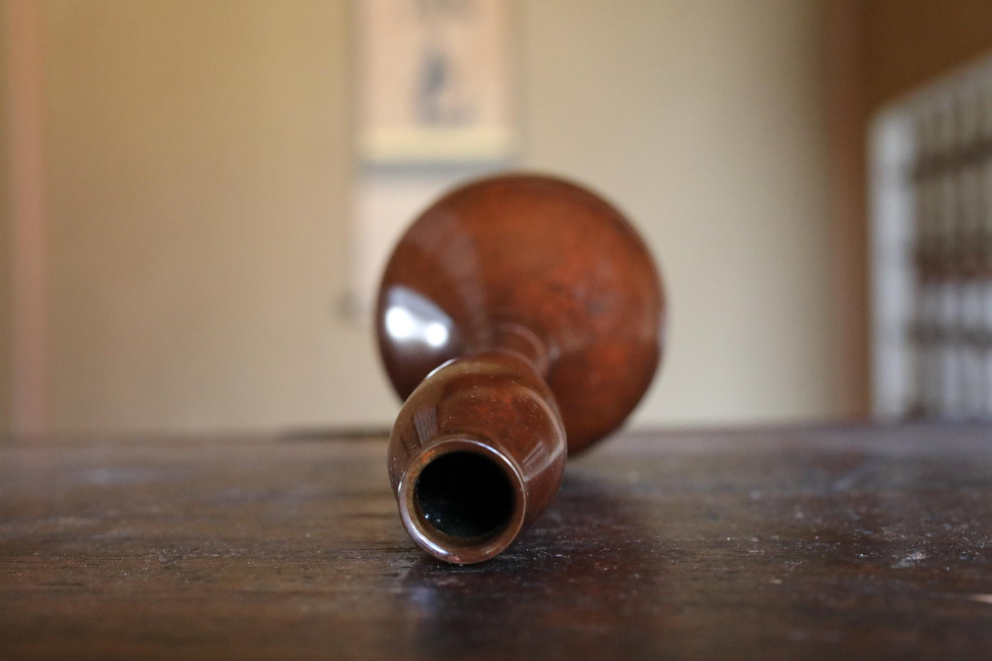 Japanese vintage bronze vase brown 鶴首TSURUKUBI gourd shaped reddish brown marbled, with box for Tea ceremony TAKAOKA For GIFT H8.5in/H21.5cm