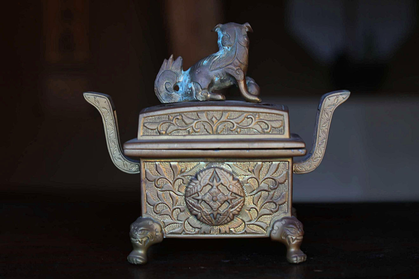Large Gold brass Censer Koro Japanese antique incense burner from Buddhist temple Oriental Sacred animal Shishi lion 1900s H7in/17.8cm