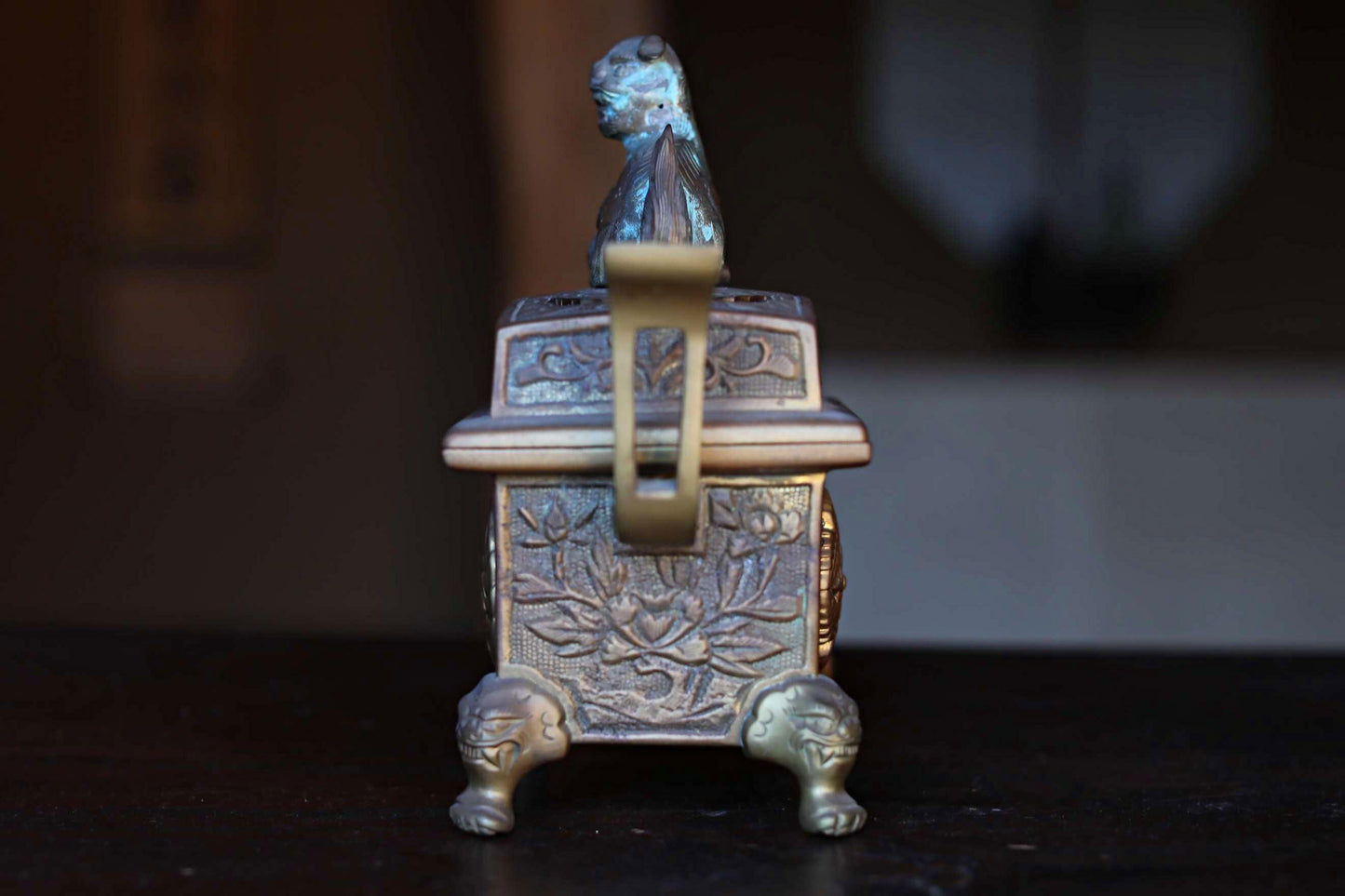 Large Gold brass Censer Koro Japanese antique incense burner from Buddhist temple Oriental Sacred animal Shishi lion 1900s H7in/17.8cm