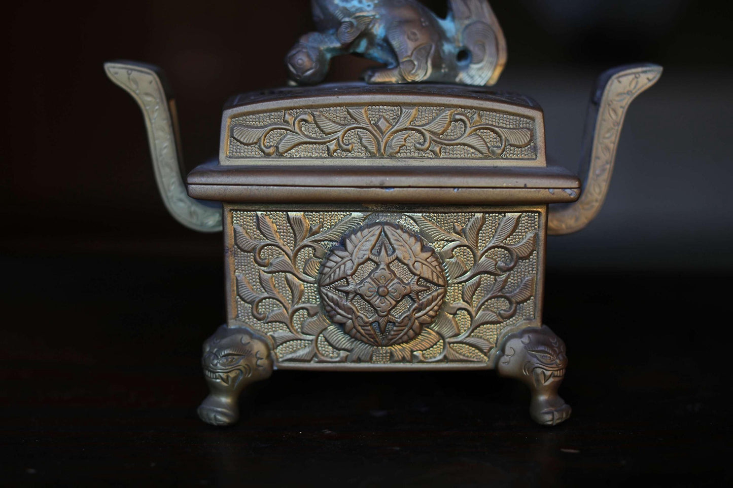 Large Gold brass Censer Koro Japanese antique incense burner from Buddhist temple Oriental Sacred animal Shishi lion 1900s H7in/17.8cm