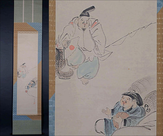 Japanese vintage watercolor painting hanging scroll angler EBISU DAIKOKU Seven Gods of Fortune Kakejiku with sign H78.7in/H200cm