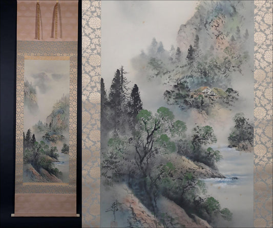 Japanese vintage watercolor painting scroll fine Landscape Mountain View river Kanji signature, KAKEJIKU with BOX 1970s H75.2in/H191cm