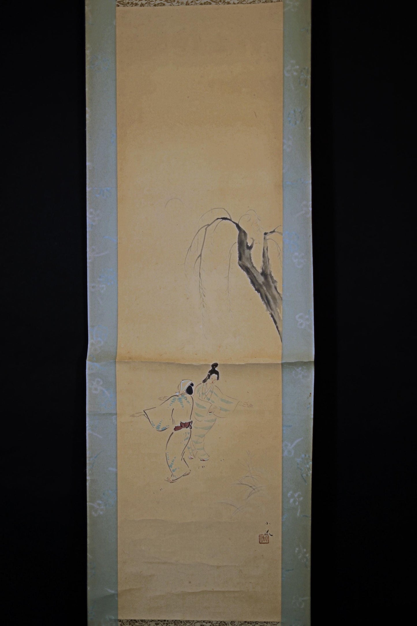 Japanese vintage painting scroll, willow tree Festival dance hand paint old hanging scroll KAKEJIKU with Kanji signature BOX H72.4in/H184cm
