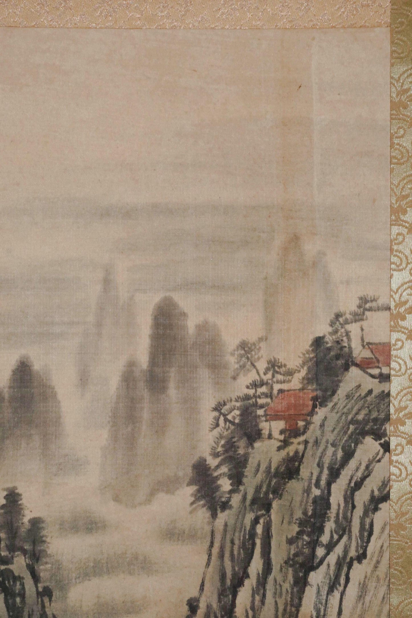 Japanese vintage India-ink painting scroll fine Landscape Mountain View Clouds, Waterfalls and Hermits Kanji sign KAKEJIKU H56.3in/H143cm