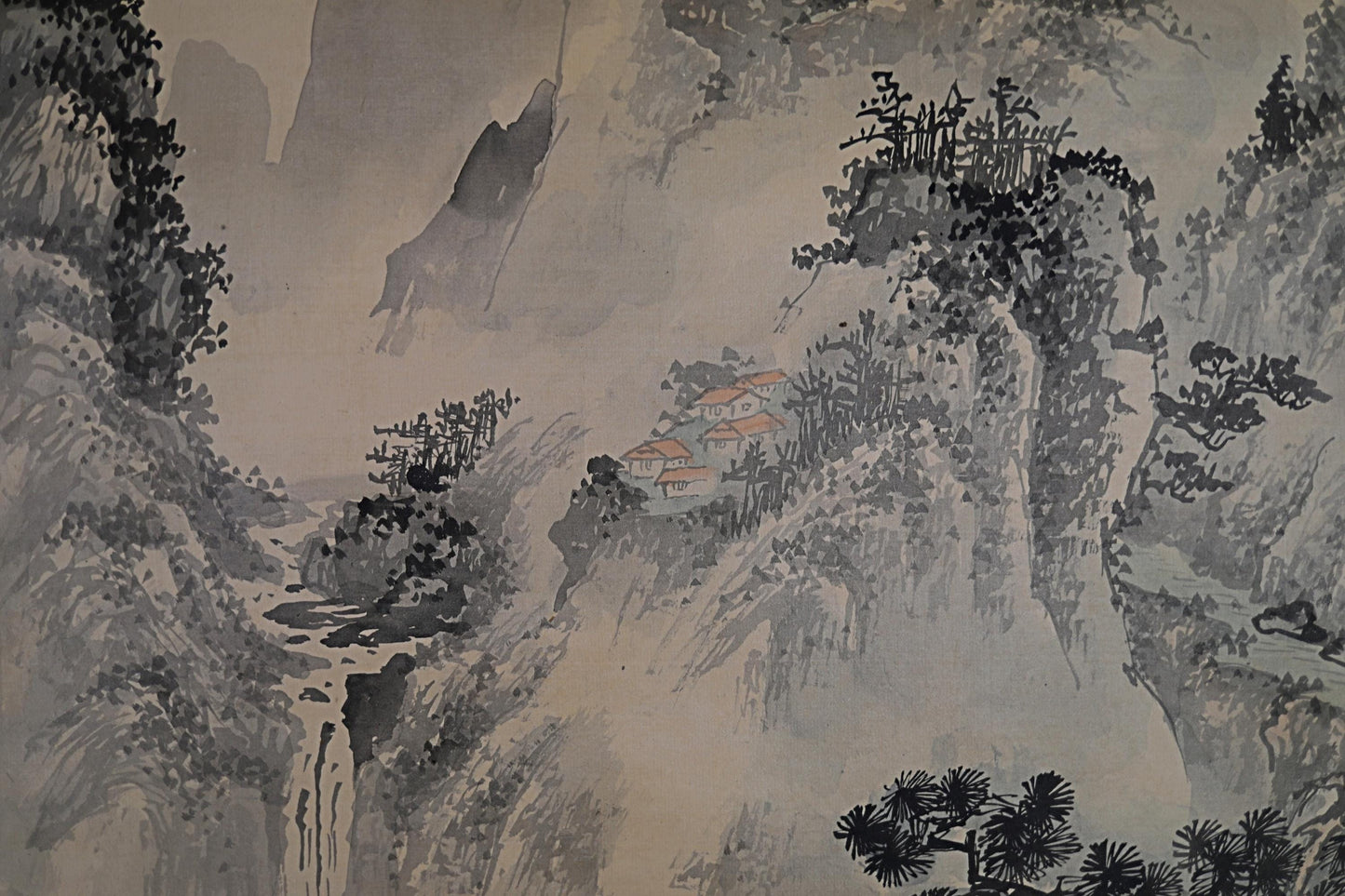 Chinese antique brush ink painting scroll fine Landscape in mountain valley, Kanji signature, KAKEJIKU H65×22.8in / H165x58cm