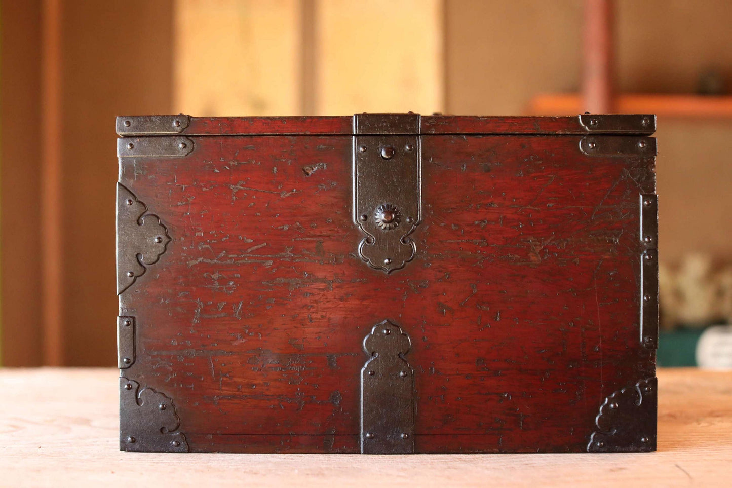 FINE! Japanese furniture Antique Box Chest of Drawers Tansu with key INKSTONE case Suzuribako SAMURAI Crest metal 1870s W14.4in/W36.5cm