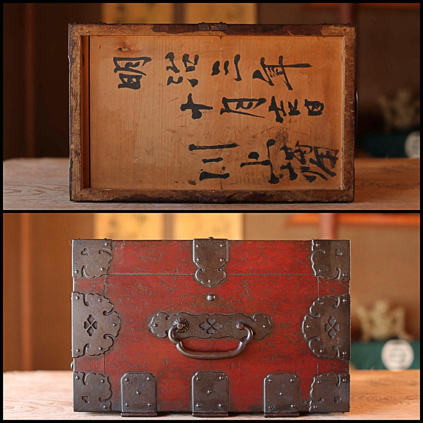 FINE! Japanese furniture Antique Box Chest of Drawers Tansu with key INKSTONE case Suzuribako SAMURAI Crest metal 1870s W14.4in/W36.5cm