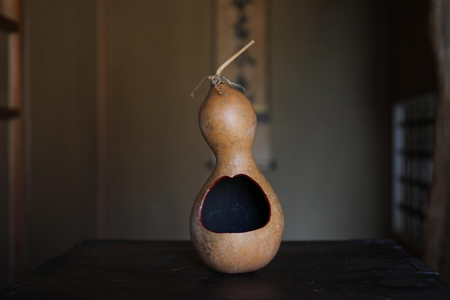 Japanese vintage vase floral organs hand made of natural GOURD bottle with signature, wooden box, Tea ceremony H8.9×4.3in / 22.5x11cm