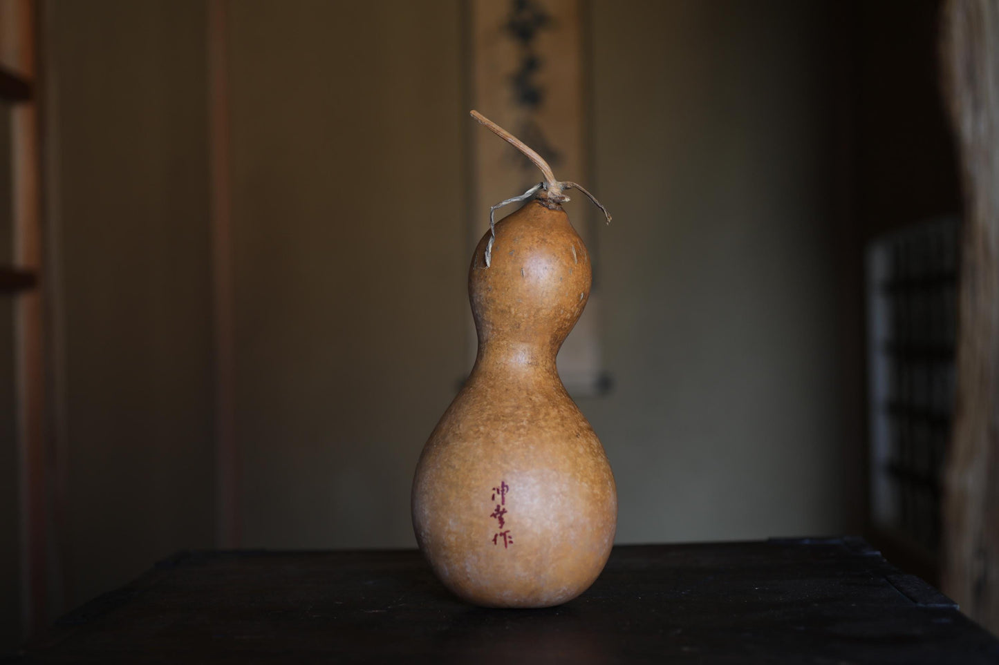 Japanese vintage vase floral organs hand made of natural GOURD bottle with signature, wooden box, Tea ceremony H8.9×4.3in / 22.5x11cm