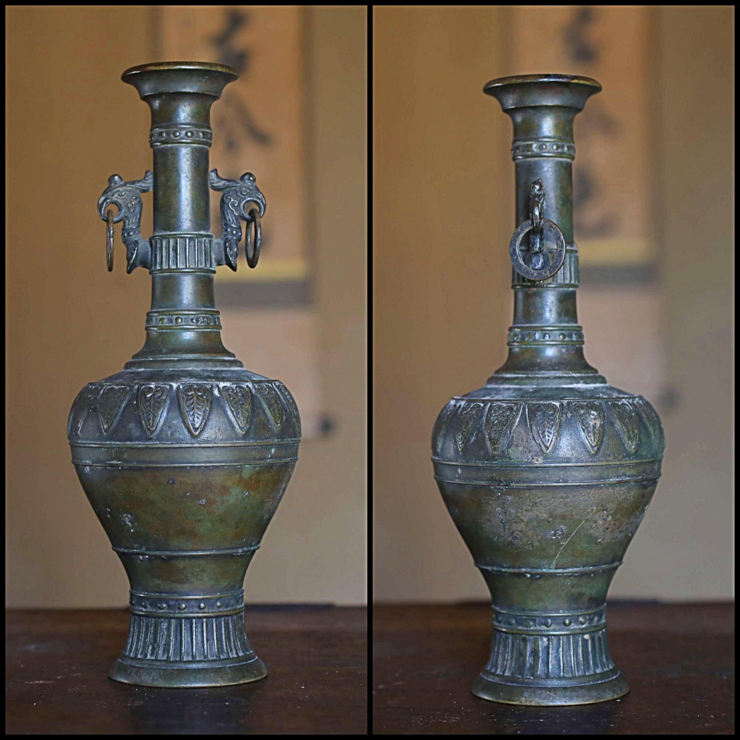 FINE! Japanese vintage 1960s Bronze flower vase for tea ceremony brown marble with beautiful birds ears with 宗喜  sign H9.4×3.9in/H24×10cm