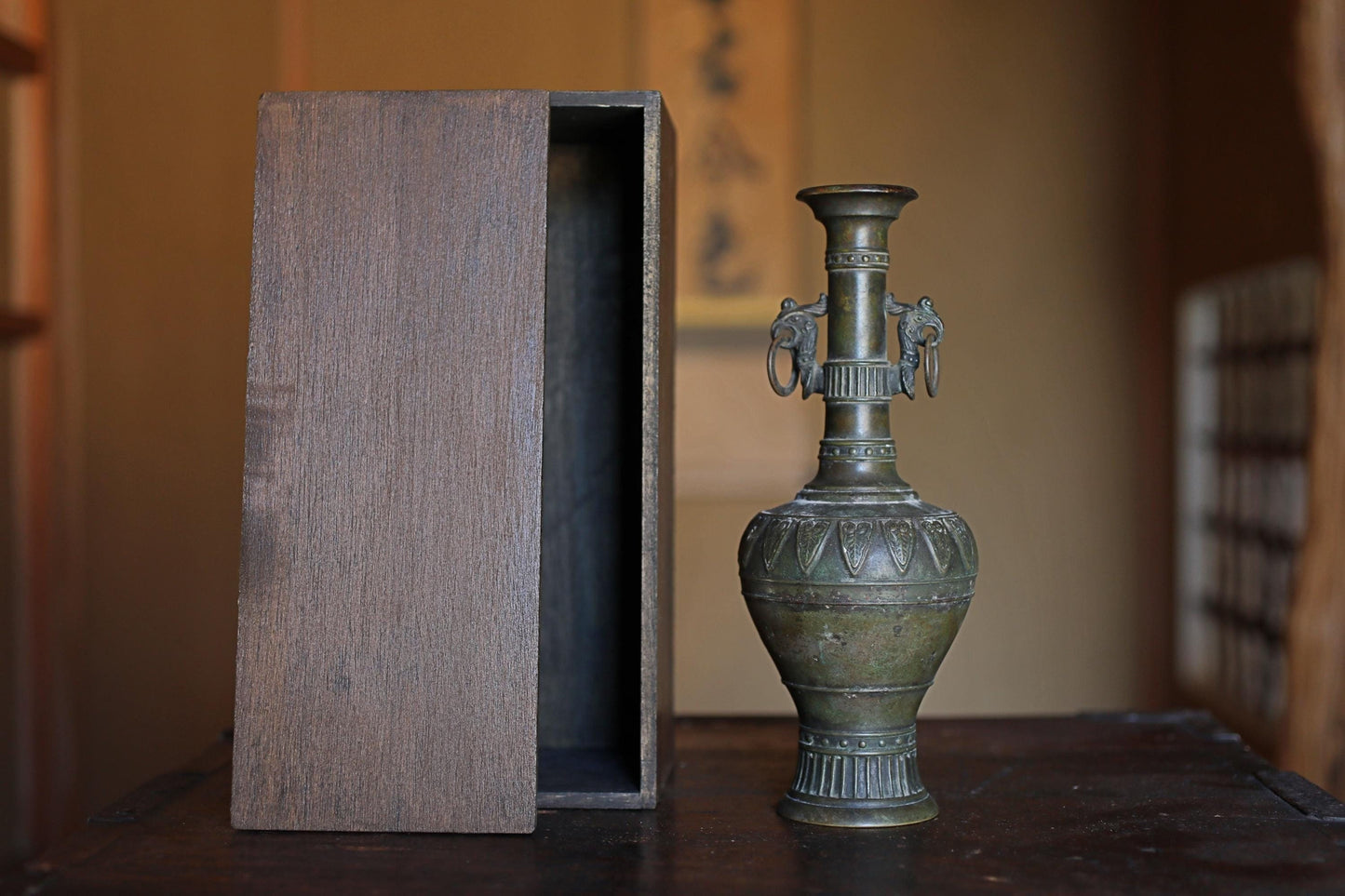 FINE! Japanese vintage 1960s Bronze flower vase for tea ceremony brown marble with beautiful birds ears with 宗喜  sign H9.4×3.9in/H24×10cm