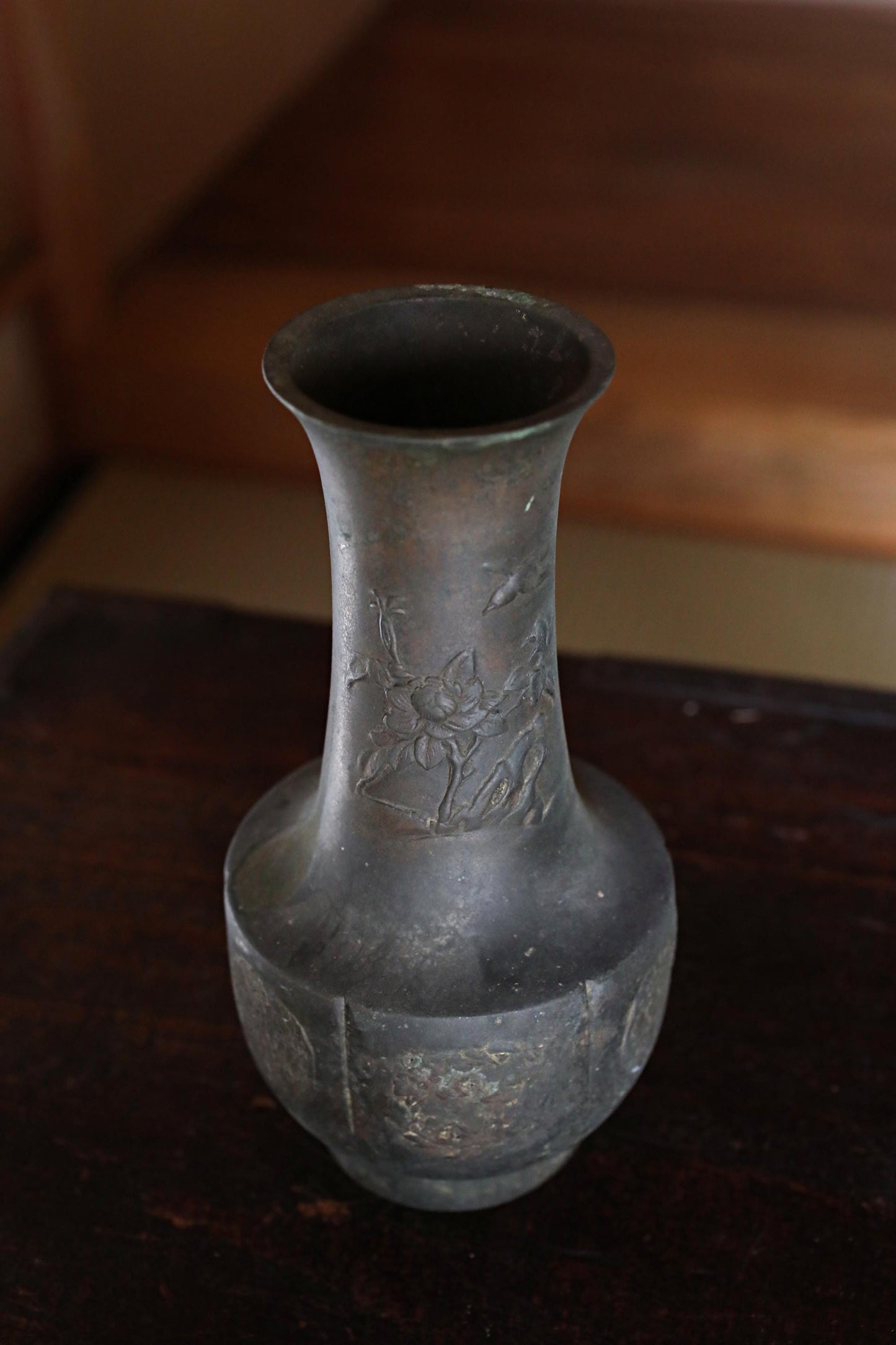 Japanese Antique 1900s bronze vase with Flowers and Birds relief, metal hand craft vase for GIFT, H8×W3.9in/H20.3×10cm