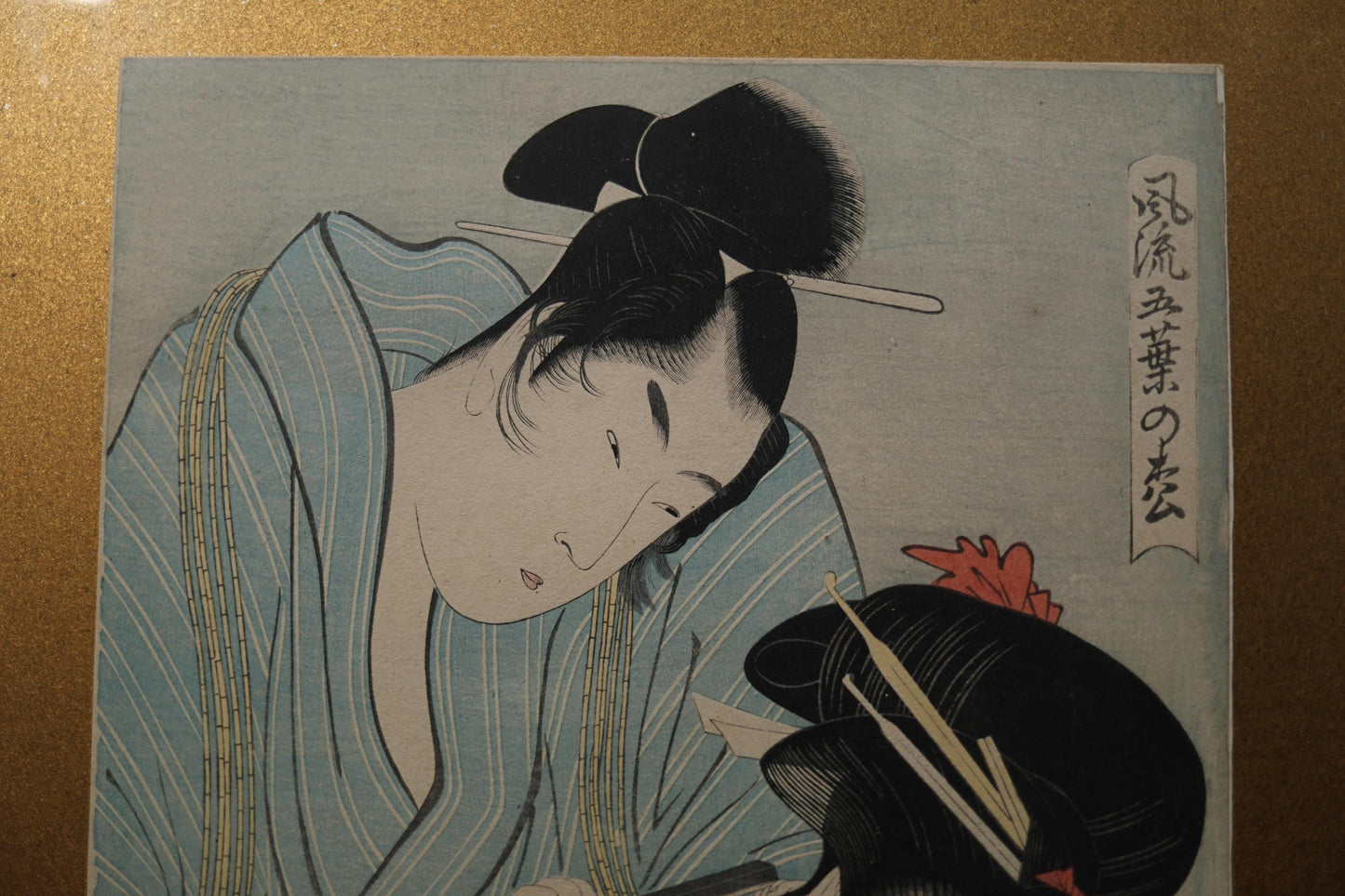Japanese antique art of Ukiyoe with signature 歌麿Utamaro, Kimono geisha block printing with wooden flame, wall deco picture H24.8in/H63cm