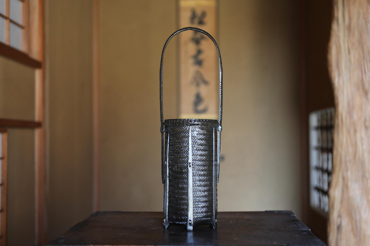 Japanese antique bronze Ornament vase shaped as bamboo basket 高岡Takaoka copper ware ikebana utensil Tea ceremony, H16.5in/H42cm