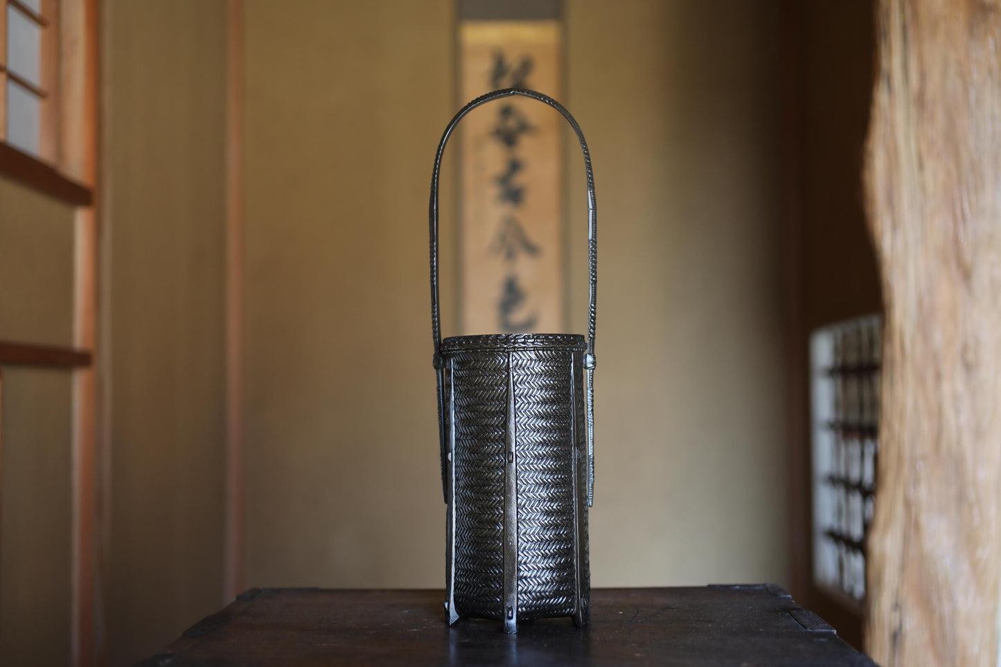 Japanese antique bronze Ornament vase shaped as bamboo basket 高岡Takaoka copper ware ikebana utensil Tea ceremony, H16.5in/H42cm