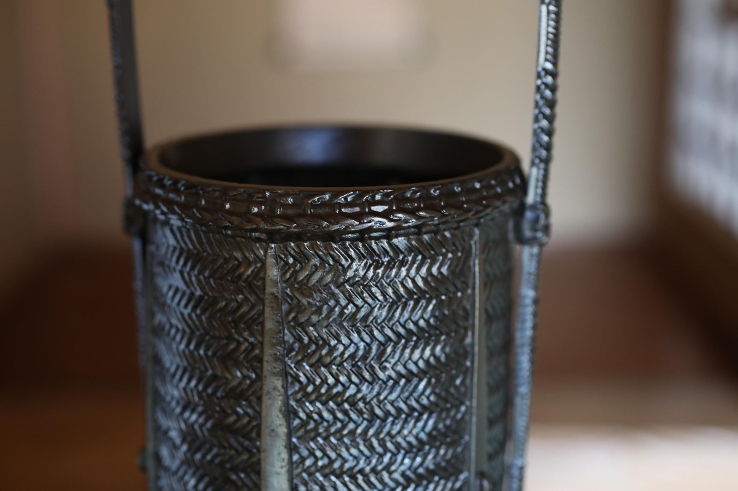 Japanese antique bronze Ornament vase shaped as bamboo basket 高岡Takaoka copper ware ikebana utensil Tea ceremony, H16.5in/H42cm
