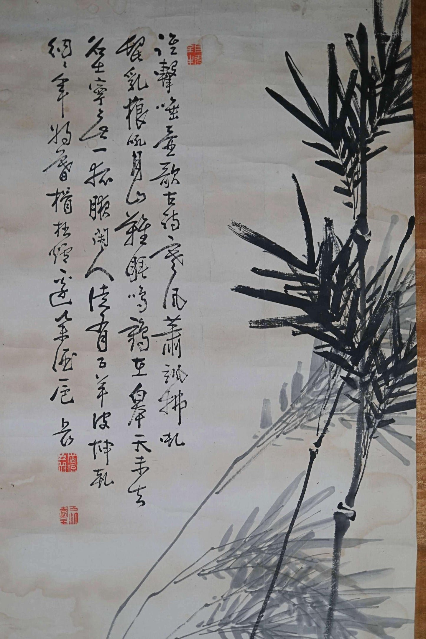 Japanese antique hanging scroll of brush painting and calligraphy, ink painting of bamboo with signature 1800s H81.1×23.6in / 206x60cm