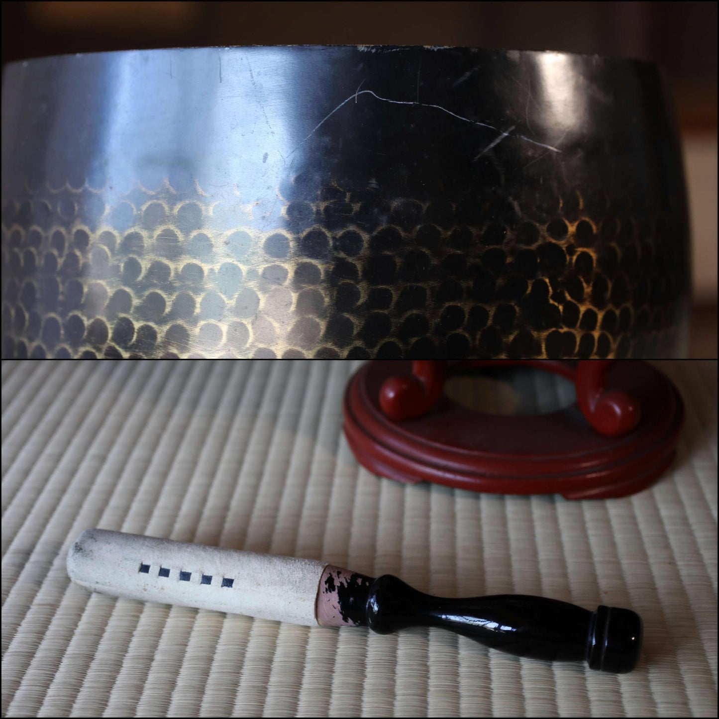 FINE! Japanese antique Bronze buddhist chanting bell with sign妙龍, Singing Bowl, ORIN Buddhist with wooden stand cushions stick W9.1in/W23cm