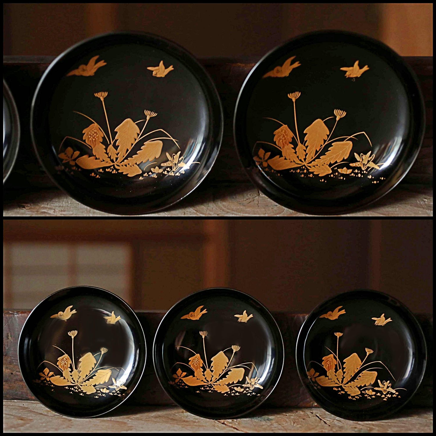 Japanese antique MAKIE fine lacquer bowls set of 5 with painting of sparrow and plants, Owan miso cups black gold tableware W4.9in/12.5cm