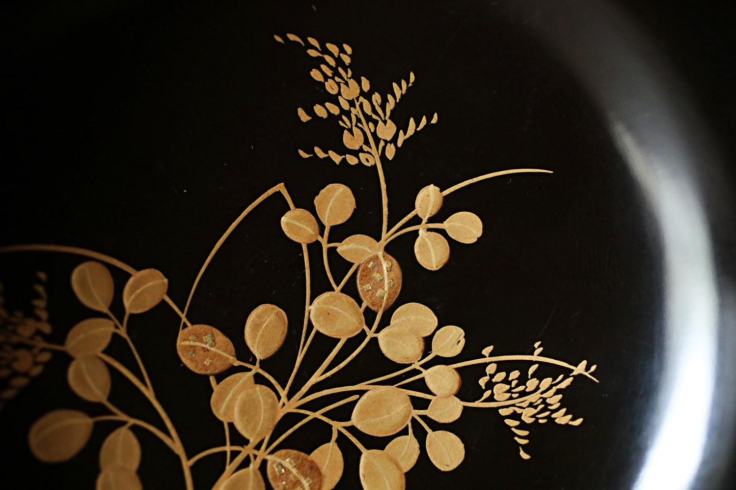 Japanese antique MAKIE fine lacquer bowls set of 5 with painting of sparrow and plants, Owan miso cups black gold tableware W4.9in/12.5cm