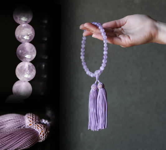 FINE! Japanese buddhist Prayer Rosary made of Amethyst beads and silk, JUZU Power stone Meditation Zen with Silk Pouch wooden box for GIT