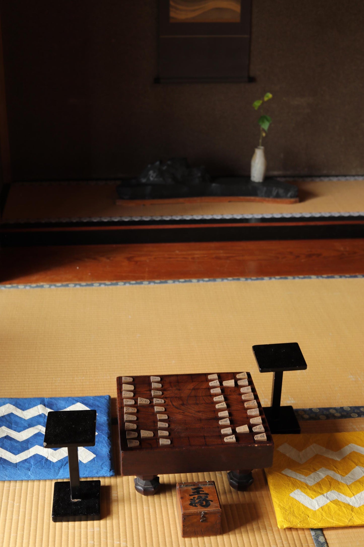 Japanese furniture antique full of set SHOGI board game playing table curved out of one wood with pieces and stand ready to play 1890s