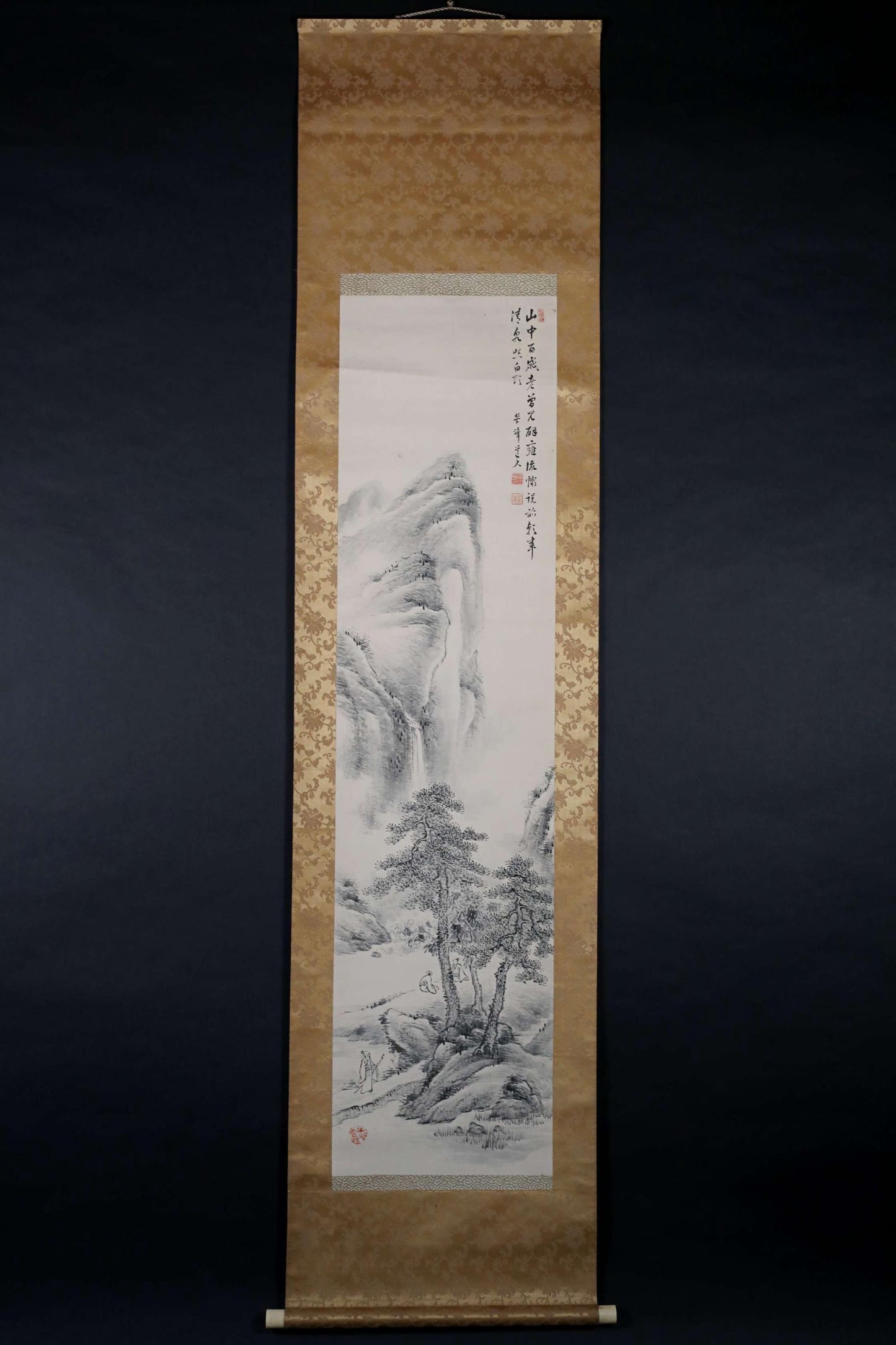 Japanese antique brush ink painting scroll fine Landscape in mountain waterfall hermit, Kanji sign, Silk KAKEJIKU H75.2×19.7in/H191x50cm