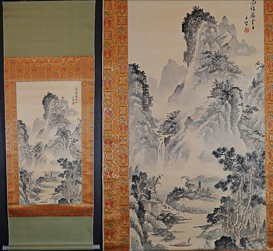 Chinese antique brush ink painting scroll fine Landscape in mountain valley, Kanji signature, KAKEJIKU H65×22.8in / H165x58cm