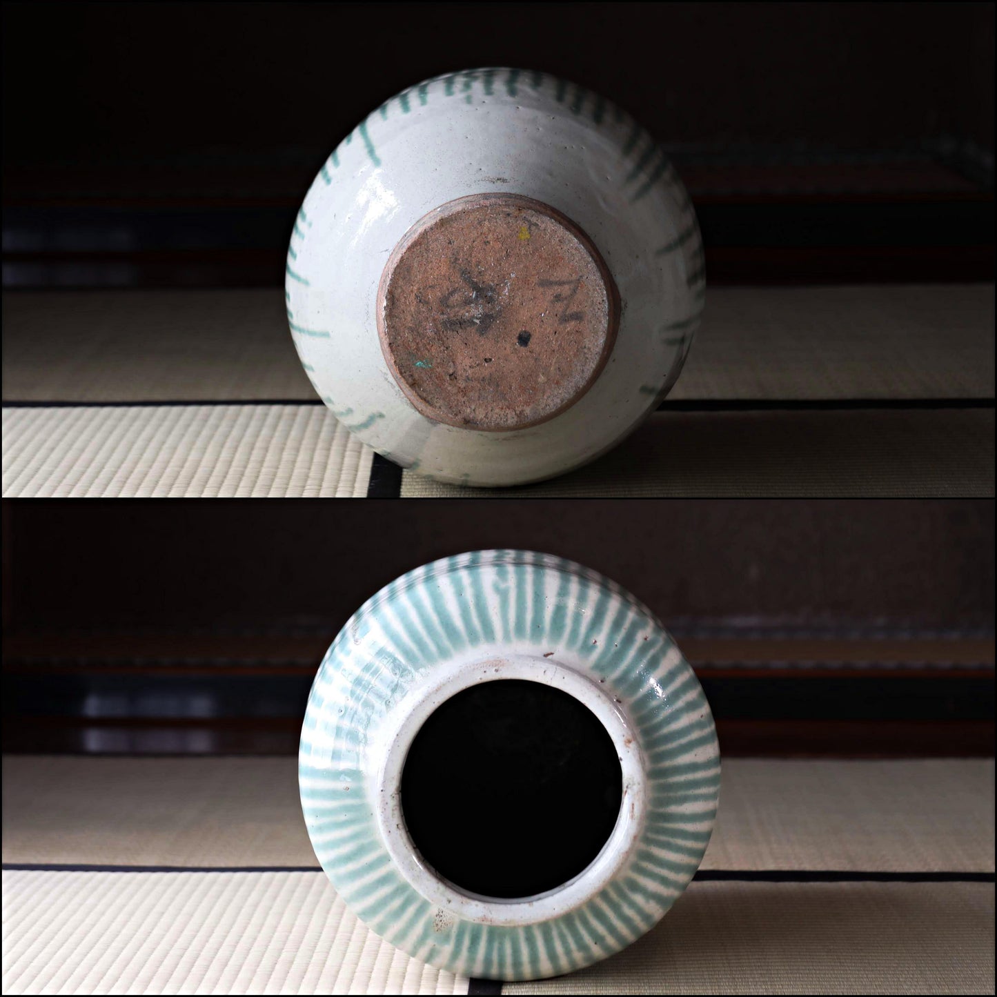 BIG! FINE! Japanese antique ceramic jar SHIGARAKI ware 1890s, Beautiful blue-green stripes like a waterfall, H19.3xW14.6/H49xW37cm