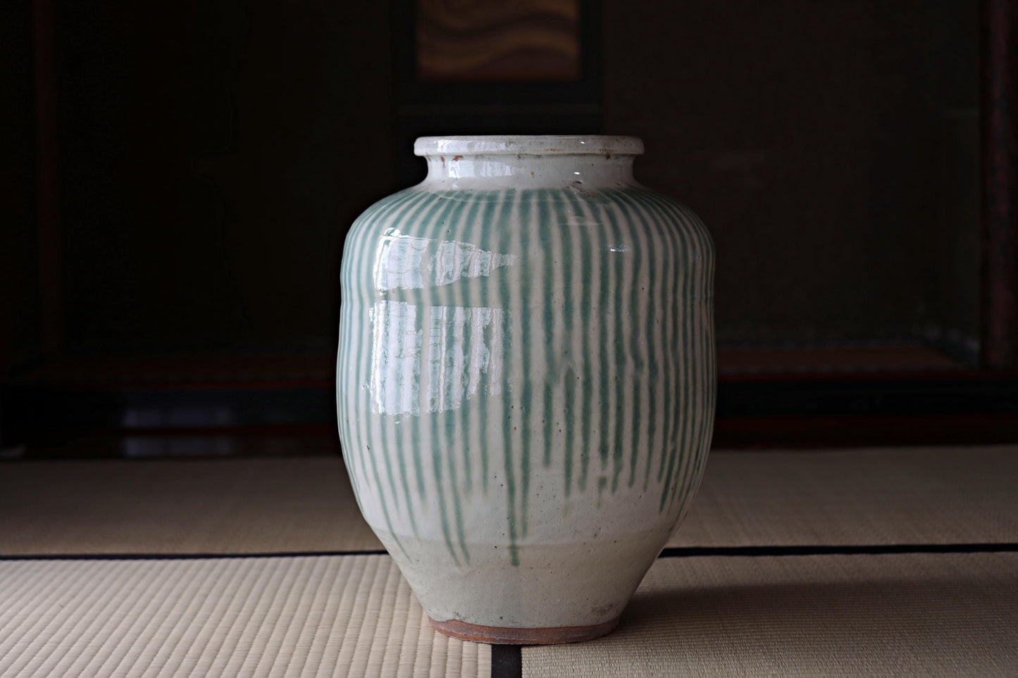 BIG! FINE! Japanese antique ceramic jar SHIGARAKI ware 1890s, Beautiful blue-green stripes like a waterfall, H19.3xW14.6/H49xW37cm
