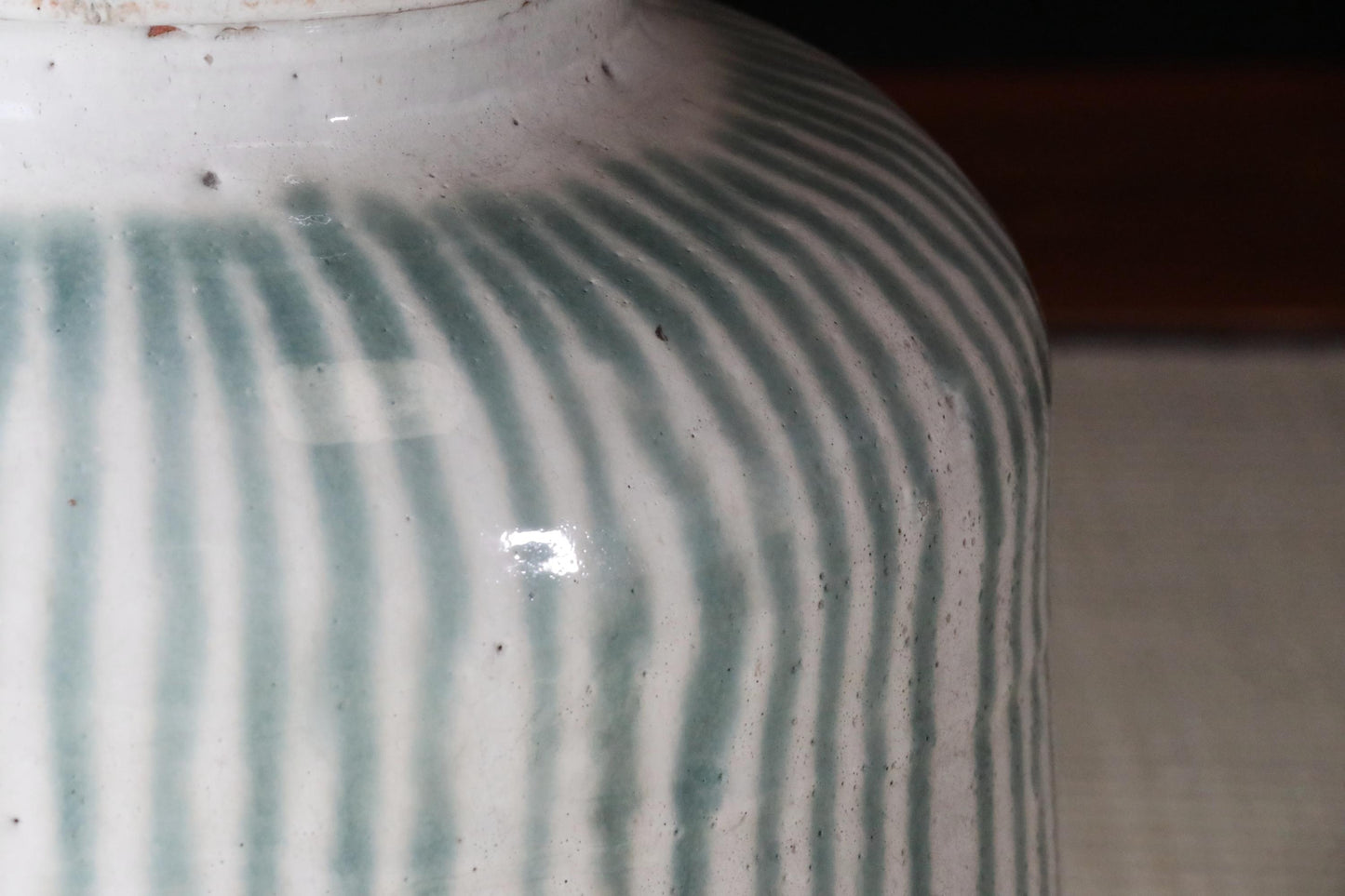 BIG! FINE! Japanese antique ceramic jar SHIGARAKI ware 1890s, Beautiful blue-green stripes like a waterfall, H19.3xW14.6/H49xW37cm