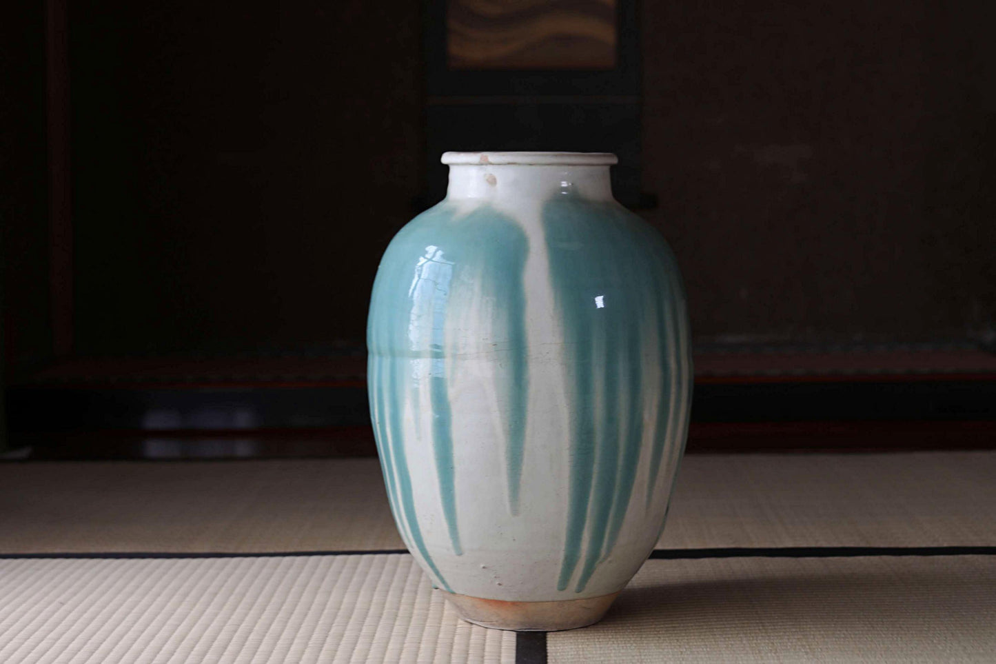 BIG! FINE! Japanese antique ceramic jar SHIGARAKI ware 1920s, Beautiful blue-green stripes like a waterfall, H17.3xW12.2/H44xW31cm