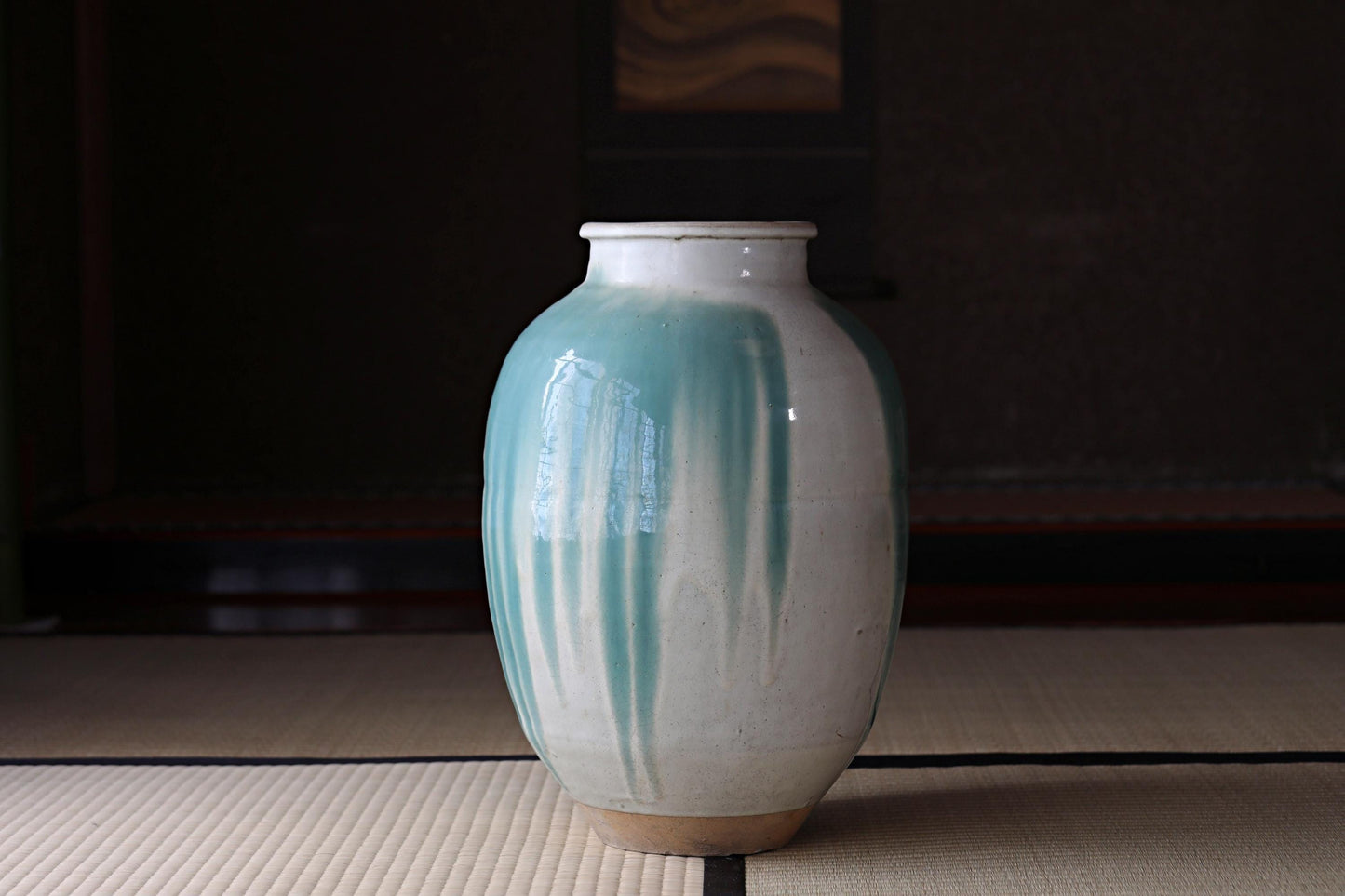 BIG! FINE! Japanese antique ceramic jar SHIGARAKI ware 1920s, Beautiful blue-green stripes like a waterfall, H17.3xW12.2/H44xW31cm