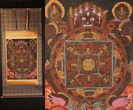 Japanese antique Buddhist hanging scroll of painting Genuine Tibetan Mandala beautiful KAKEJIKU silk wall deco with wooden Box H55.1×27.2in