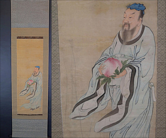 Japanese antique 1800s 文晁 ink painting scroll hermit Zen painting, ink and wash old hanging scroll Kakejiku Kanji signature H66.9in/H170cm