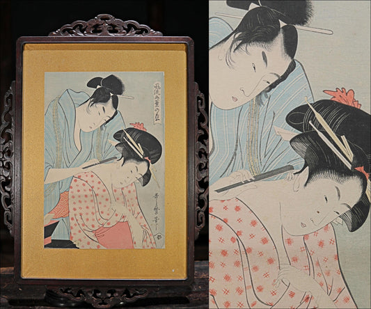 Japanese antique art of Ukiyoe with signature 歌麿Utamaro, Kimono geisha block printing with wooden flame, wall deco picture H24.8in/H63cm
