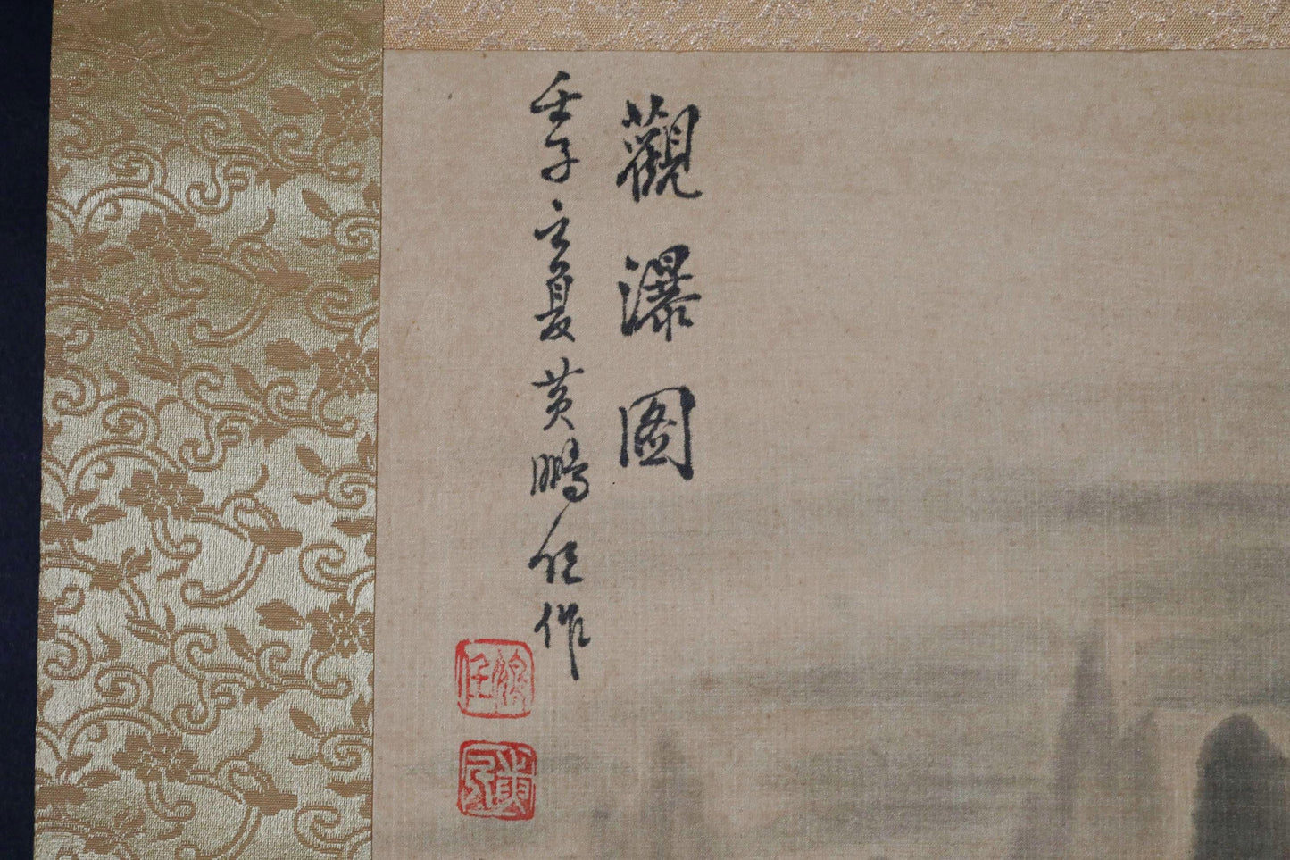 Japanese vintage India-ink painting scroll fine Landscape Mountain View Clouds, Waterfalls and Hermits Kanji sign KAKEJIKU H56.3in/H143cm