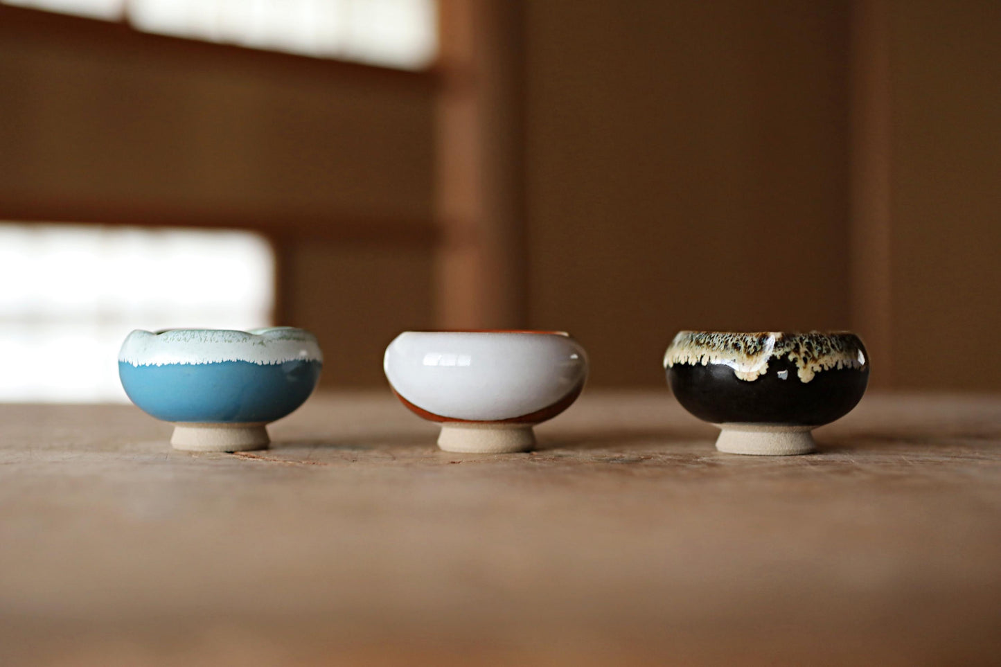 Japanese vintage set of 3 sake cups ARITA ware ceramic with Kanji signature box For GIFT H1.4×2.6in