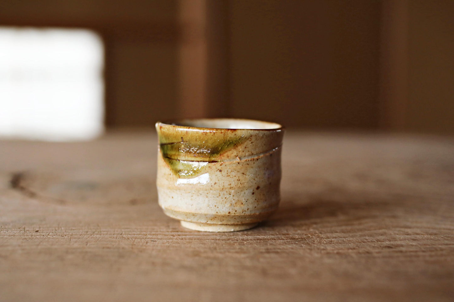 Japanese vintage kiln art sake cup Oribe green with sign "sakazuki" "guinomi" with wooden box Calligraphy For GIFT 1.8in×2.4in/4.5×6cm