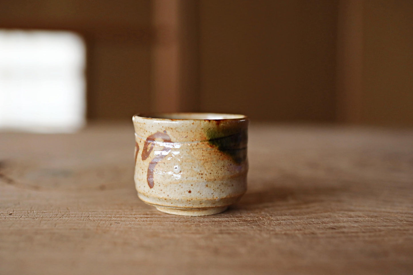 Japanese vintage kiln art sake cup Oribe green with sign "sakazuki" "guinomi" with wooden box Calligraphy For GIFT 1.8in×2.4in/4.5×6cm