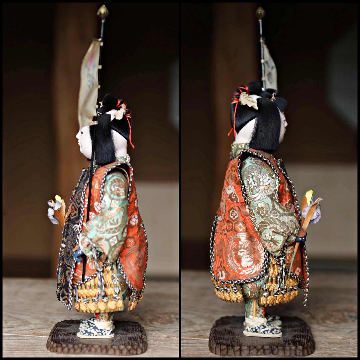 FINE! Japanese vintage 1960s Kabuki doll named "桃太郎 Monster Hunter" made of wood and silk KIMONO for Gift H11.8×6.7in/H30×17cm