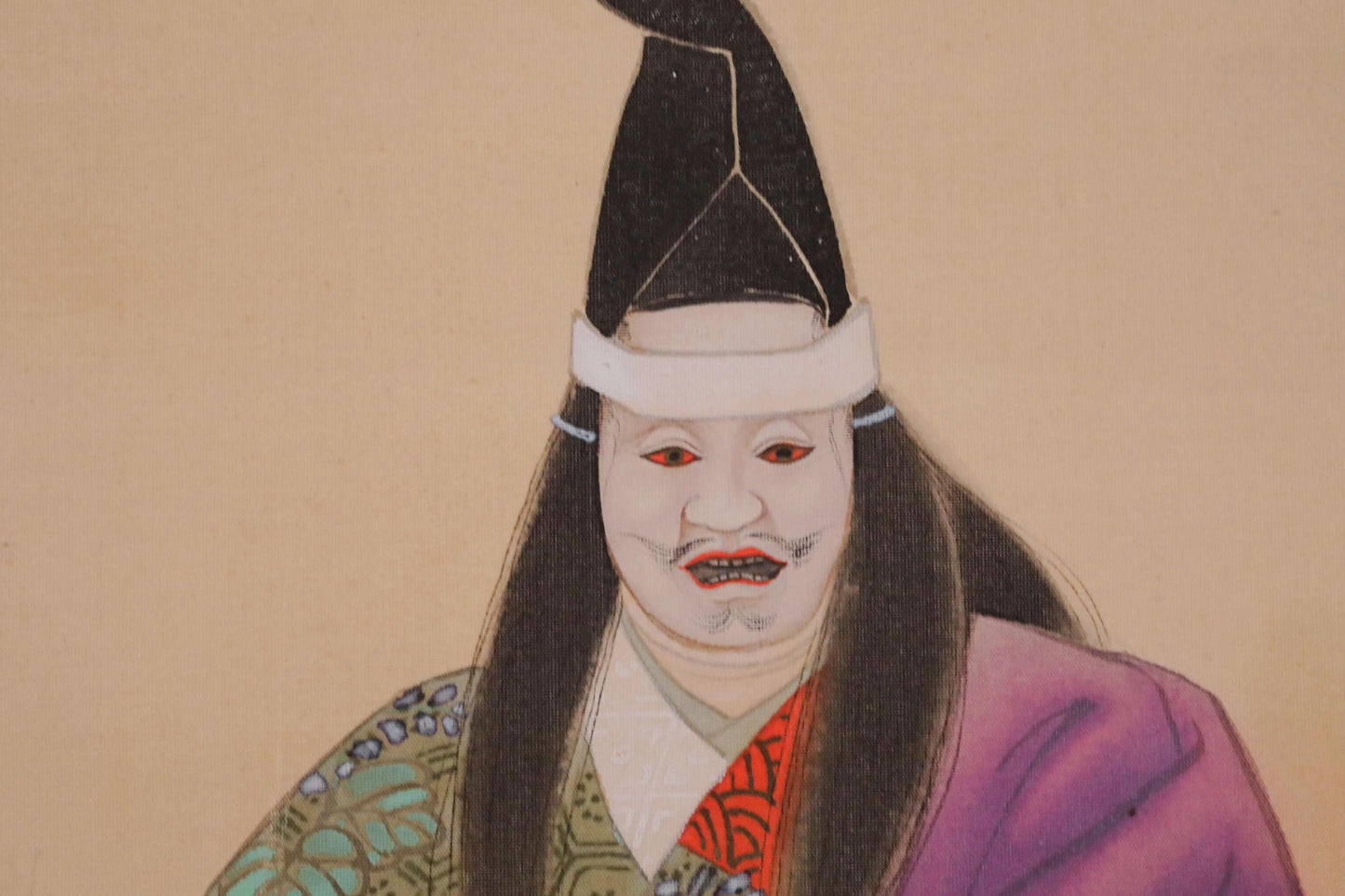 Japanese antique 1930s painting hanging scroll of water color Noh mask red eye kimono dancing with silk KAKEJIKU wooden box H75.6in/H192cm