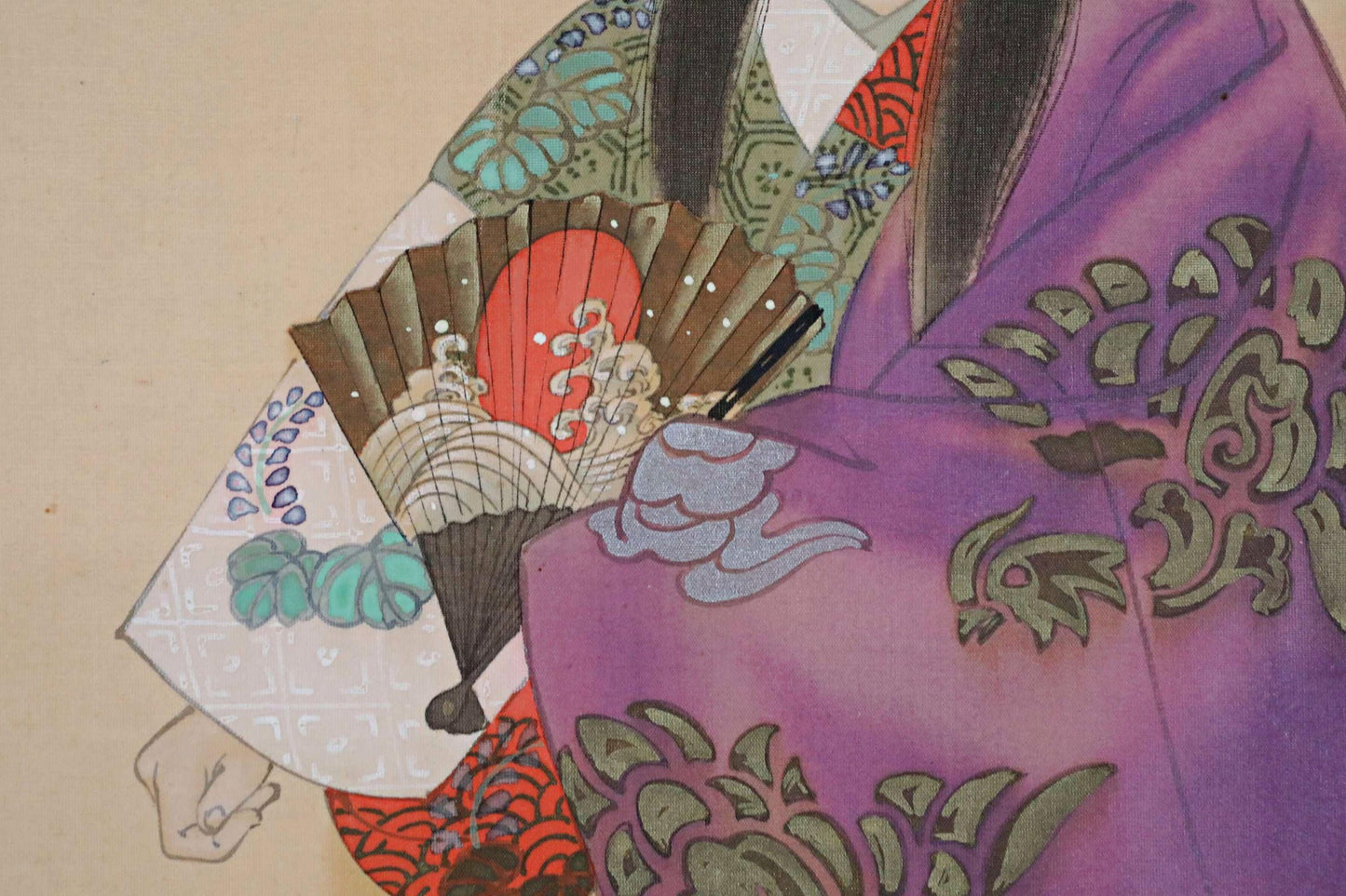 Japanese antique 1930s painting hanging scroll of water color Noh mask red eye kimono dancing with silk KAKEJIKU wooden box H75.6in/H192cm