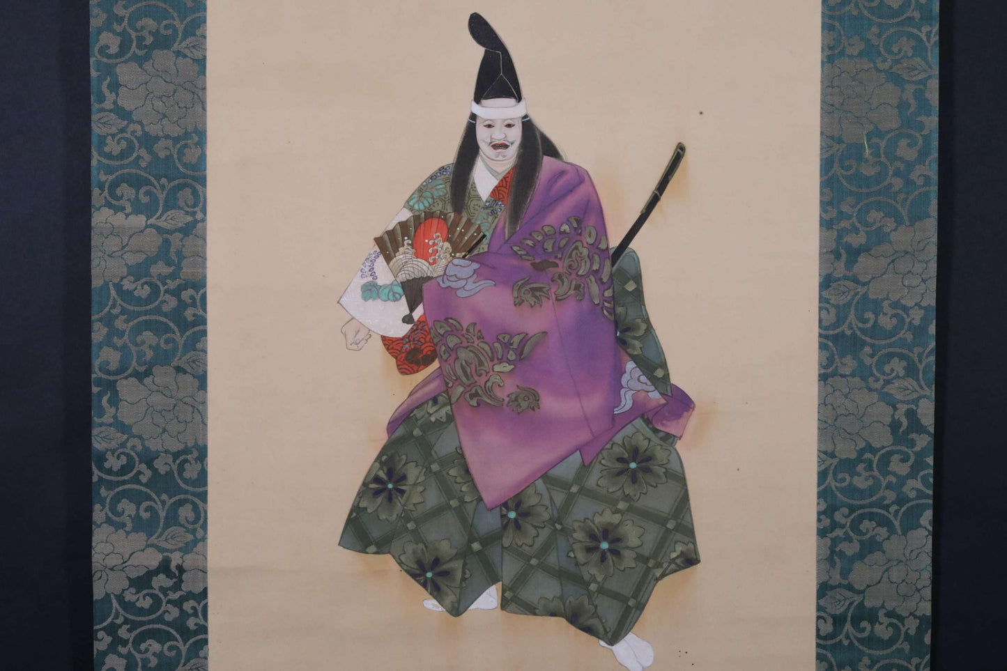 Japanese antique 1930s painting hanging scroll of water color Noh mask red eye kimono dancing with silk KAKEJIKU wooden box H75.6in/H192cm