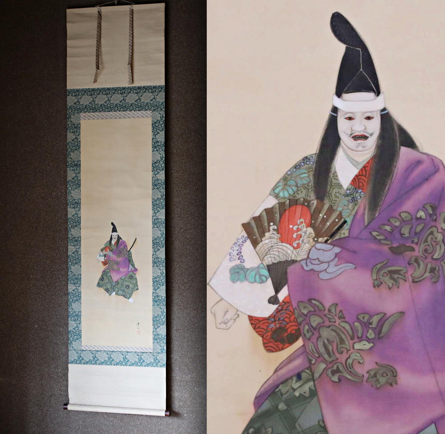Japanese antique 1930s painting hanging scroll of water color Noh mask red eye kimono dancing with silk KAKEJIKU wooden box H75.6in/H192cm